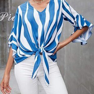 Royal Palms Striped Blue tie at waist blouse Size L  NWOT